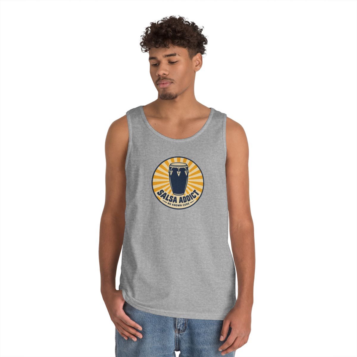 Salsa Addict Conga Tank — Sport Grey tee, on person view
