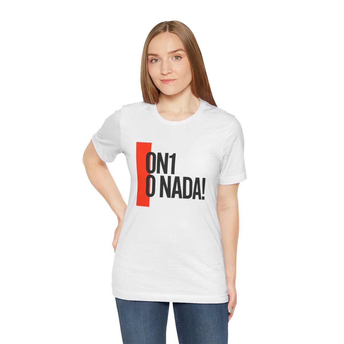 On1 O Nada Tee — Solid White Blend tee, person view
