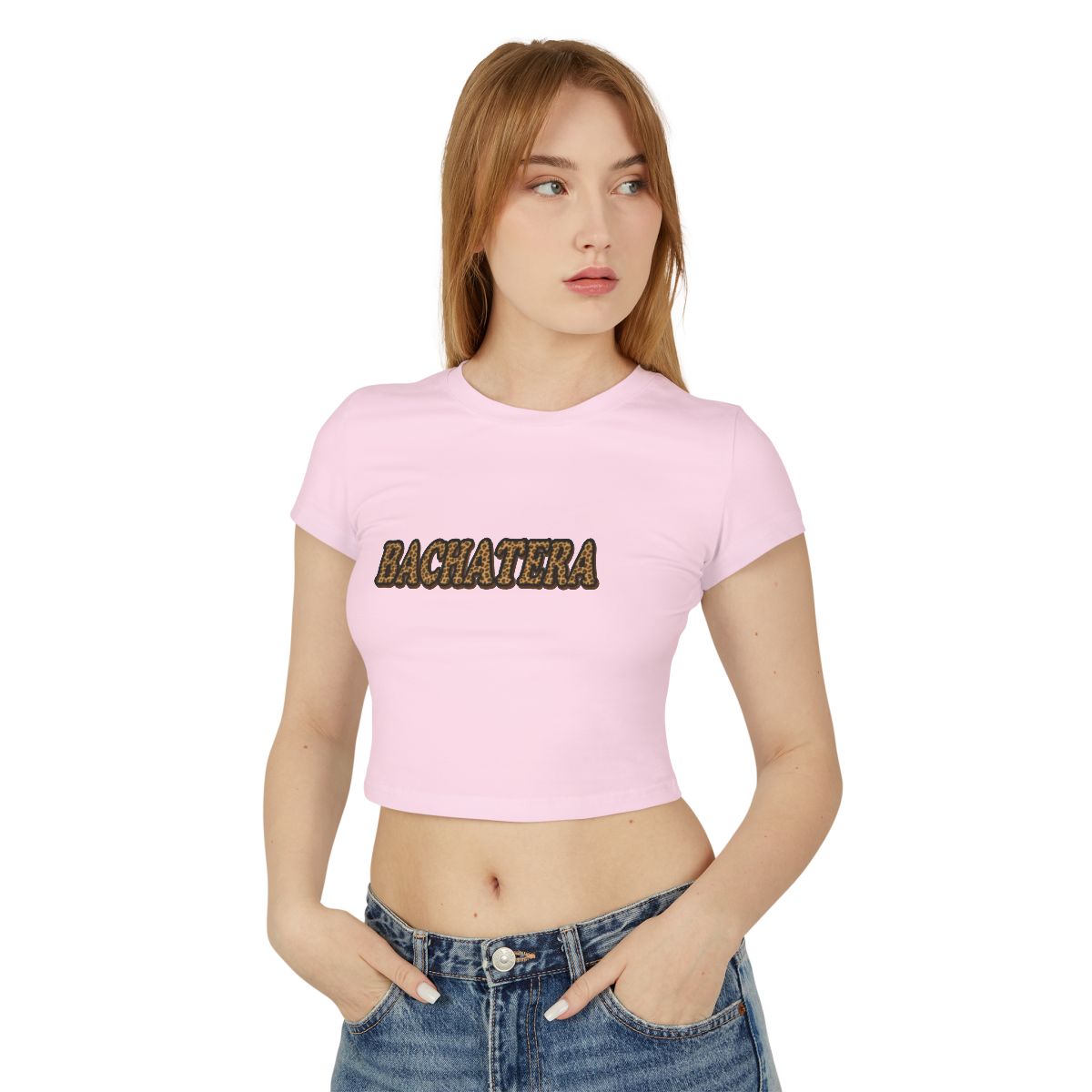 Bachatera Leopard Baby Tee — Light Pink tee, person front view