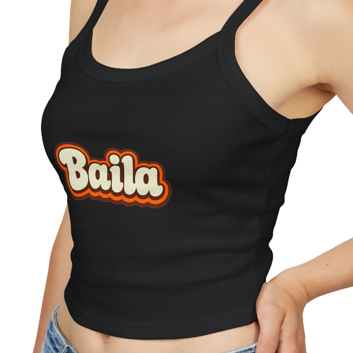 Baila Spaghetti Strap Tank — Solid Black Blend spaghetti strap tank top, person close up view