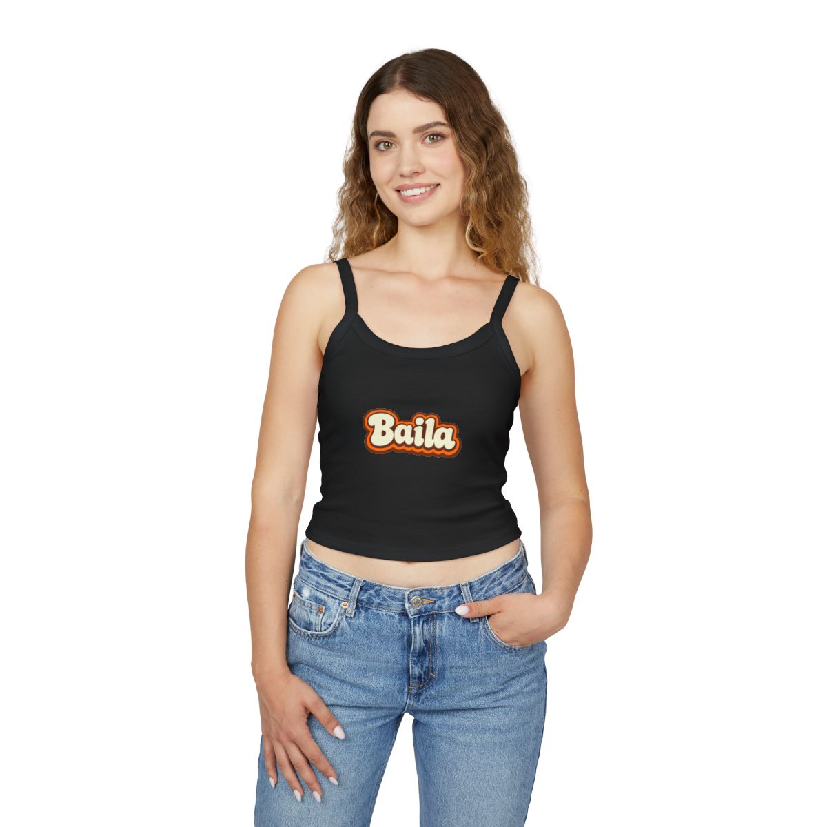 Baila Spaghetti Strap Tank — Solid Black Blend spaghetti strap tank top, person front view