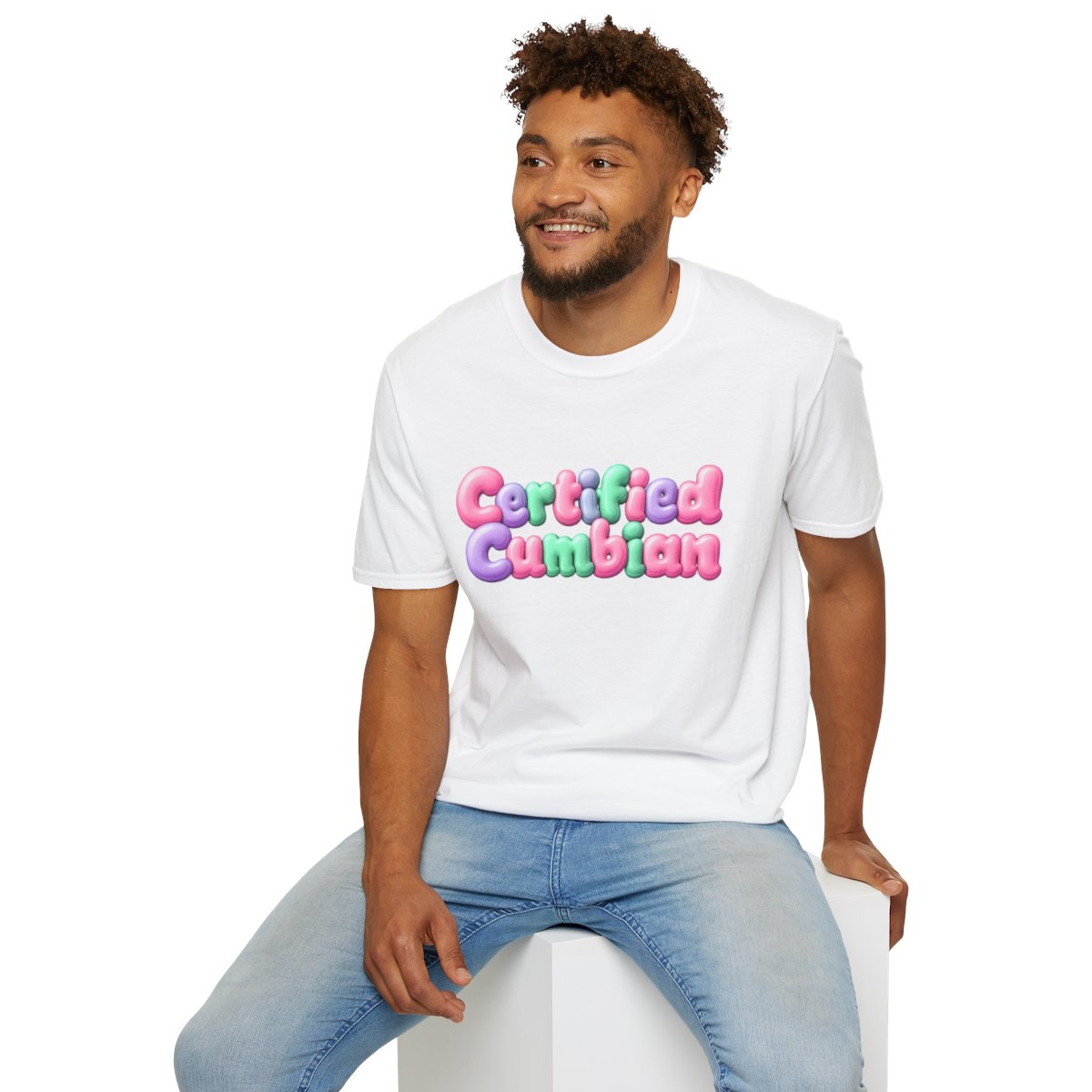 Certified Cumbian Tee — White tee, person context view