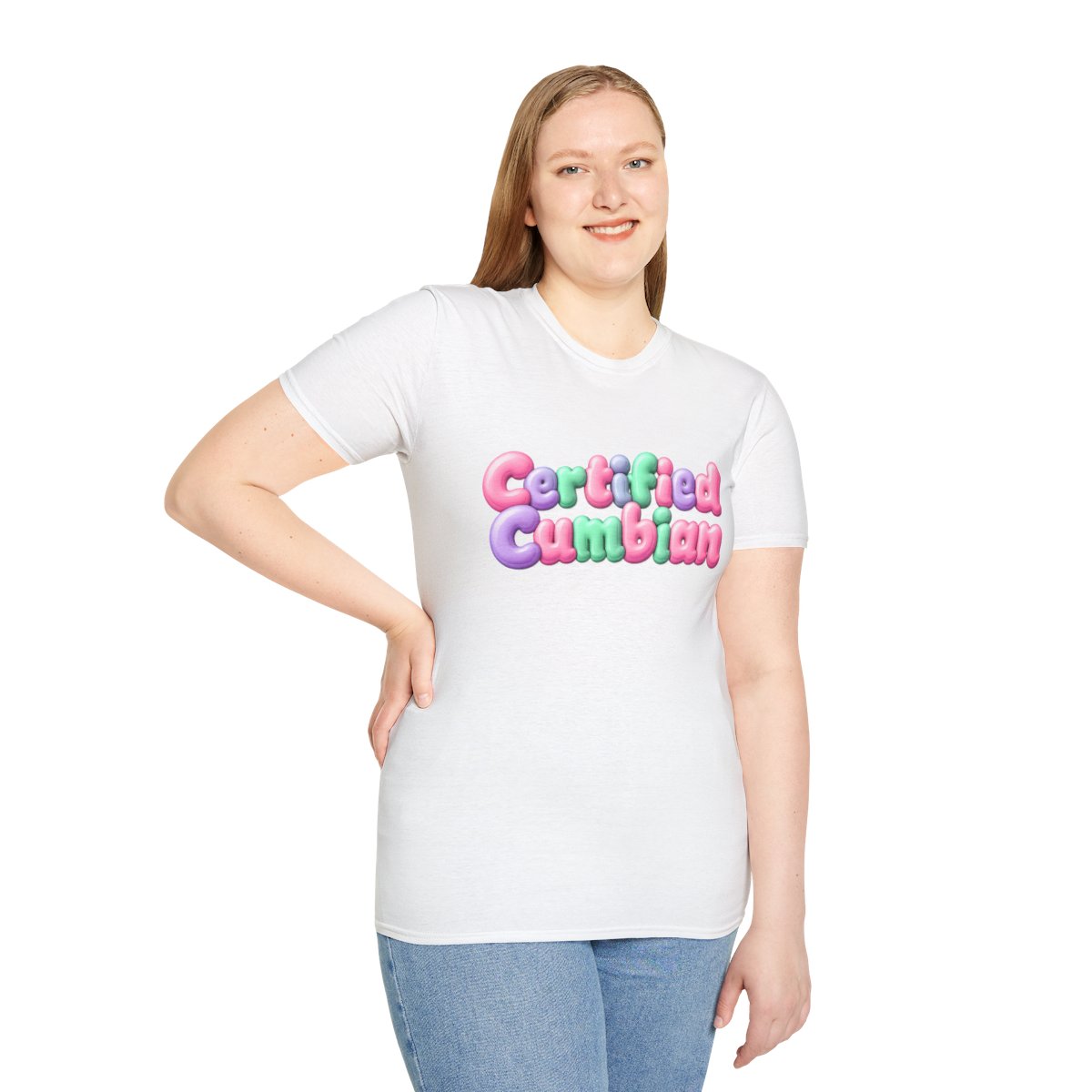 Certified Cumbian Tee — White tee, person front view