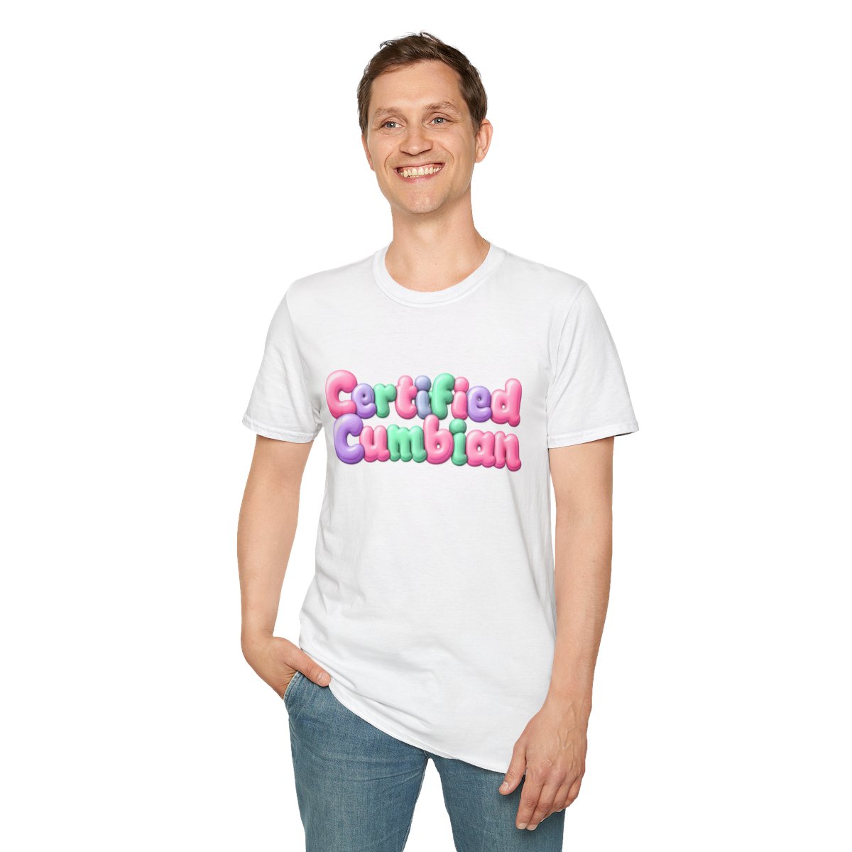 Certified Cumbian Tee — White tee, person front view