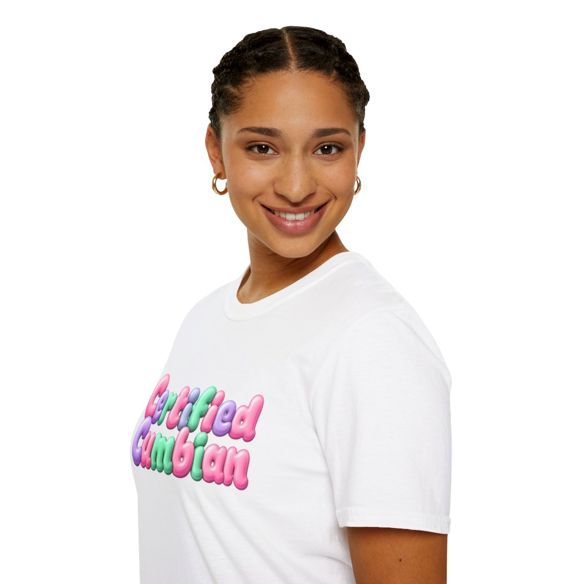Certified Cumbian Tee — White tee, person left sleeve view