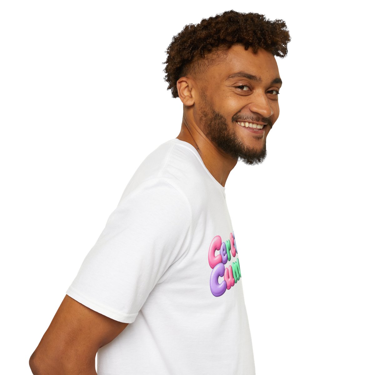 Certified Cumbian Tee — White tee, person right sleeve view