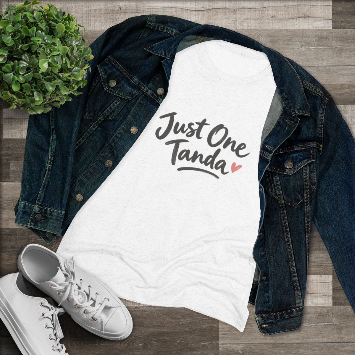 Just One Tanda Tee — Tri-Blend Heather White tee, flat lay view