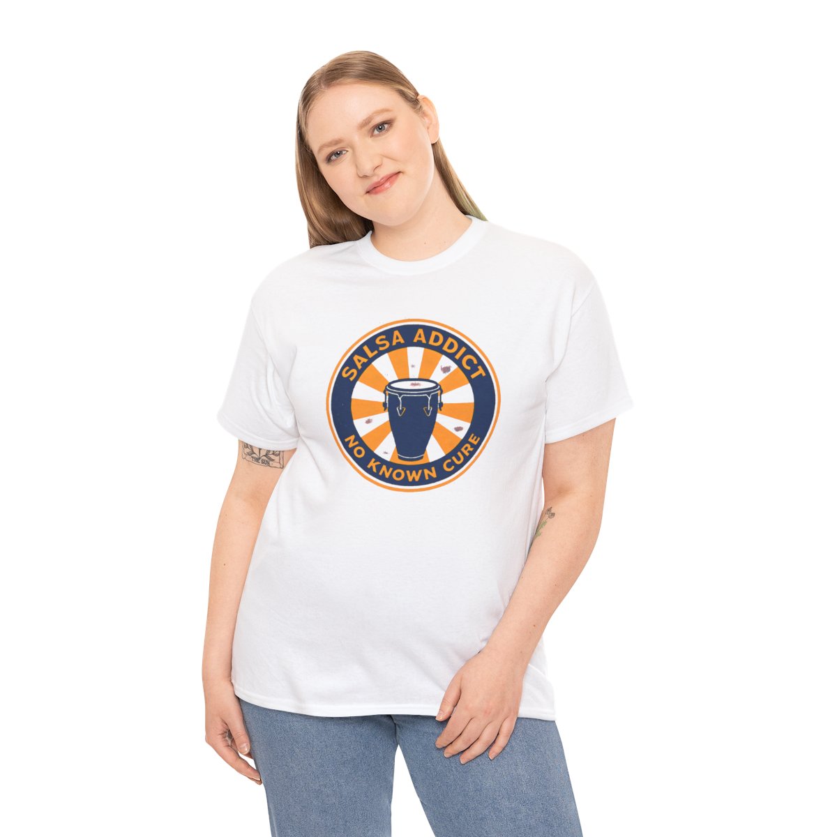 Salsa Addict Sunburst Tee — White tee, person view