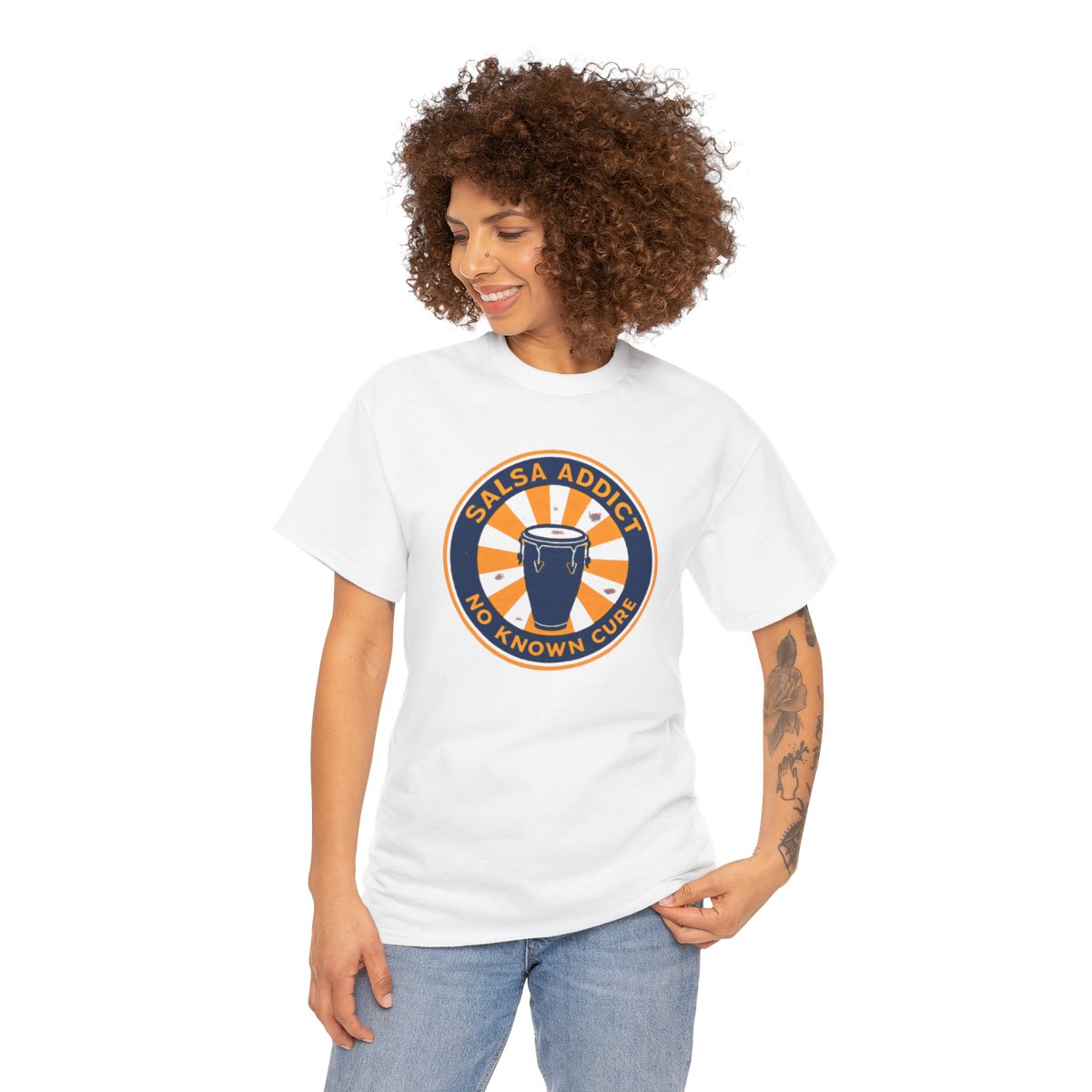 Salsa Addict Sunburst Tee — White tee, person view