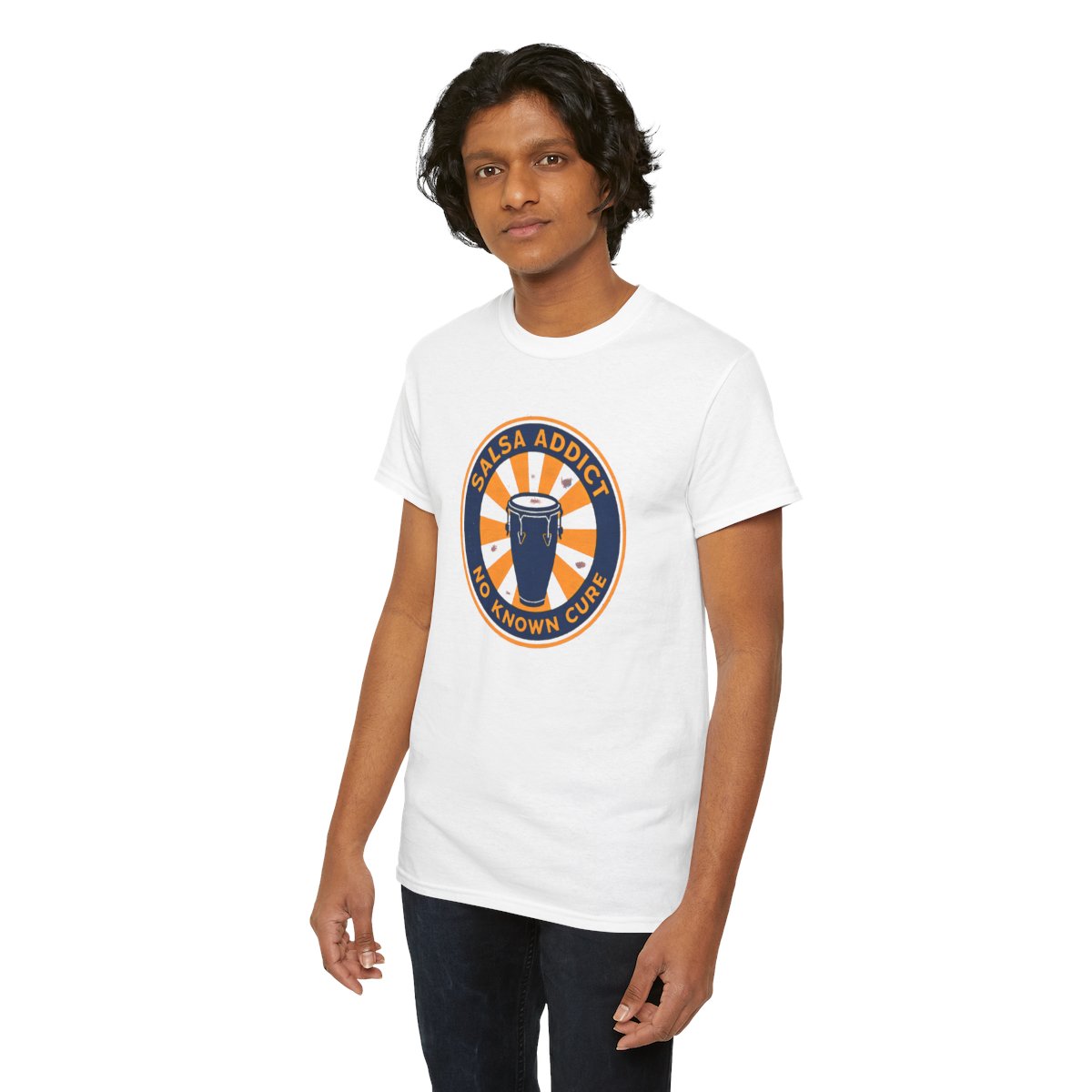 Salsa Addict Sunburst Tee — White tee, person front view