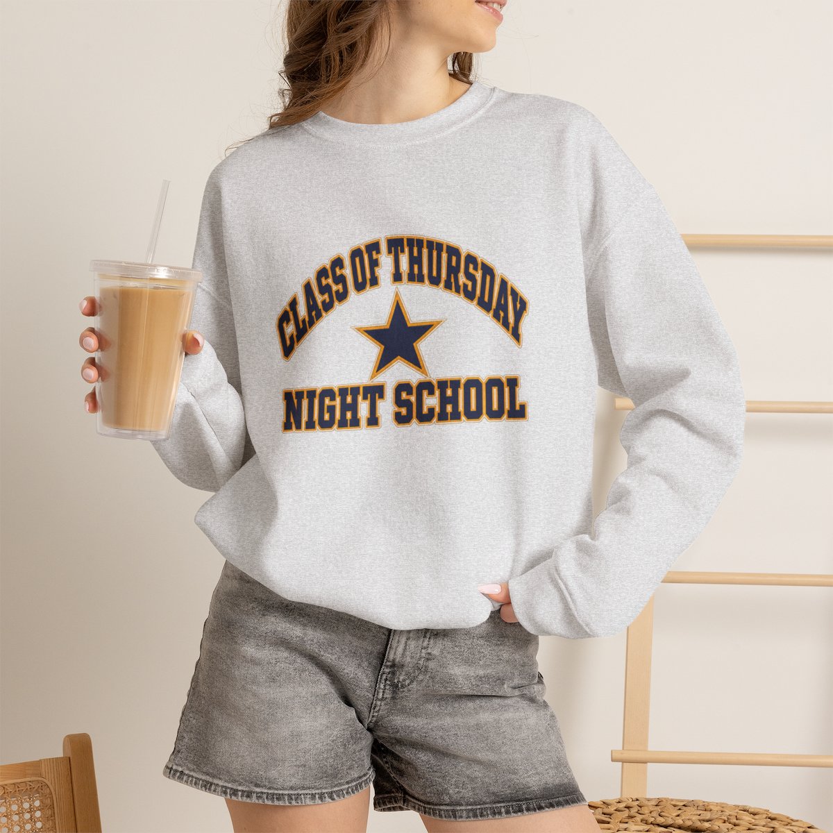 Thursday Night School Sweatshirt — Ash heavy blend crewneck sweatshirt, lifestyle view
