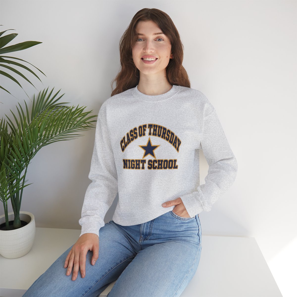 Thursday Night School Sweatshirt — Ash heavy blend crewneck sweatshirt, lifestyle view