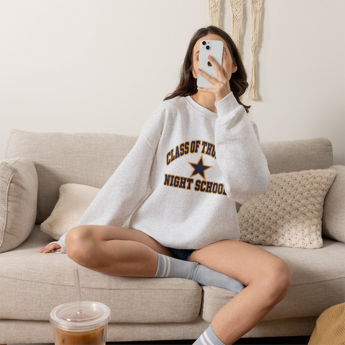 Thursday Night School Sweatshirt — Ash heavy blend crewneck sweatshirt, lifestyle view
