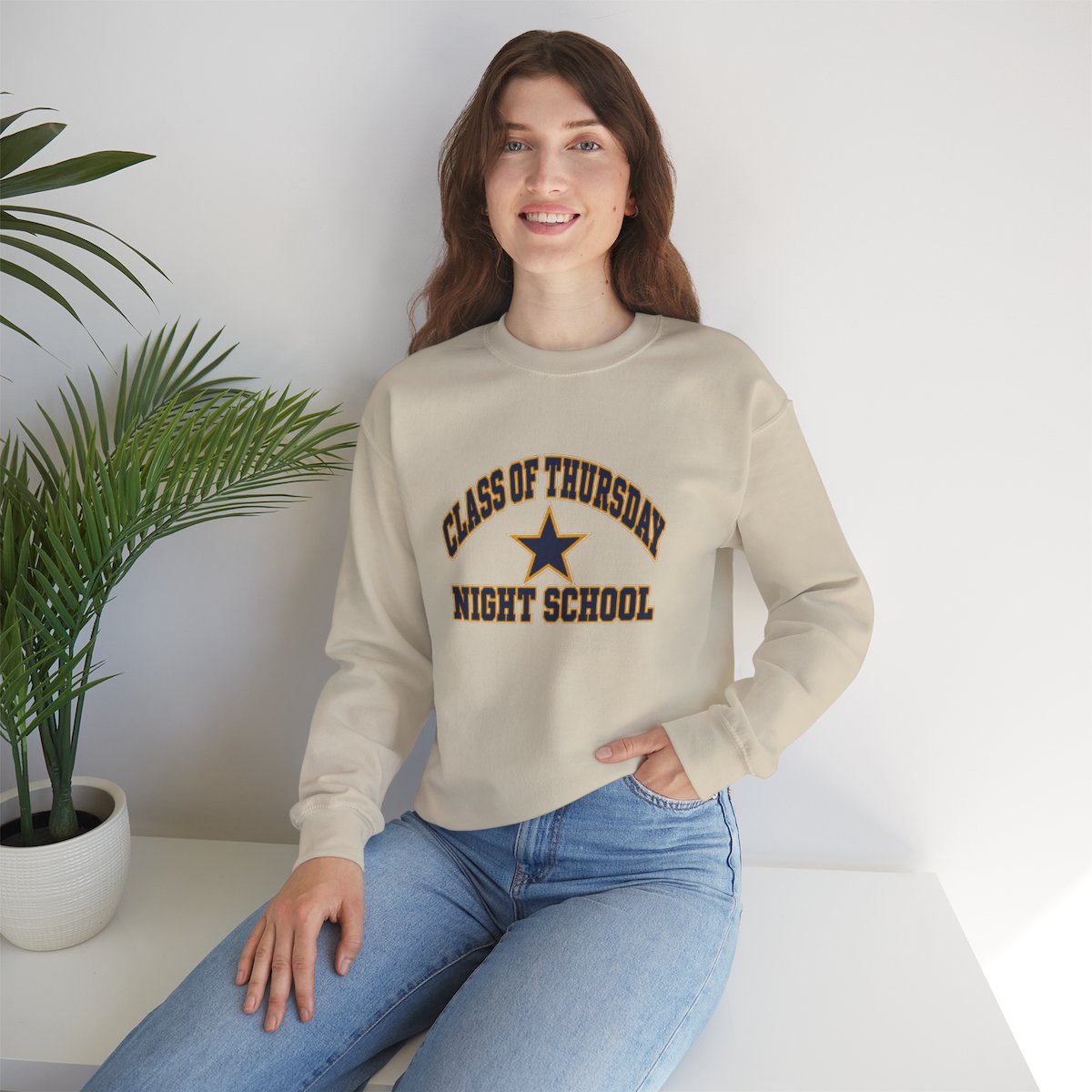 Thursday Night School Sweatshirt — Sand heavy blend crewneck sweatshirt, lifestyle view
