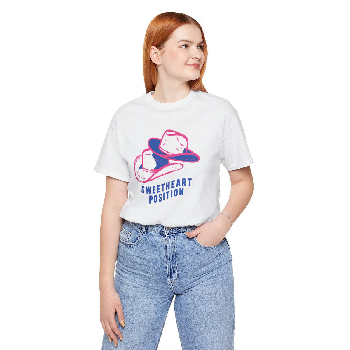 Sweetheart Position Tee — Solid White Blend tee, person front view