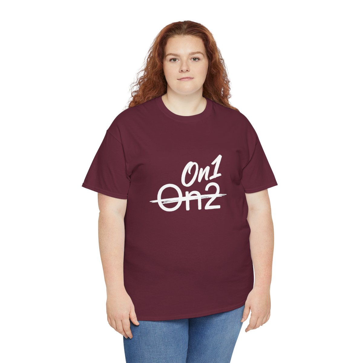 On1 Over On2 Tee - Salsa Timing Joke — Maroon tee, person view