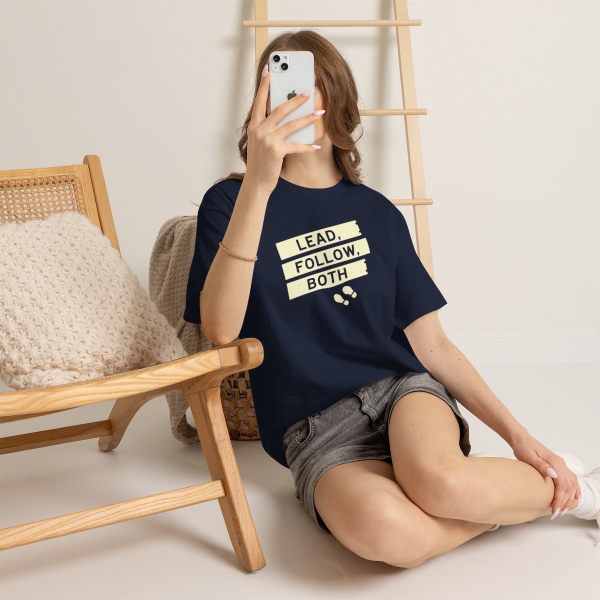 Lead Follow Both Tee — Navy tee, lifestyle view