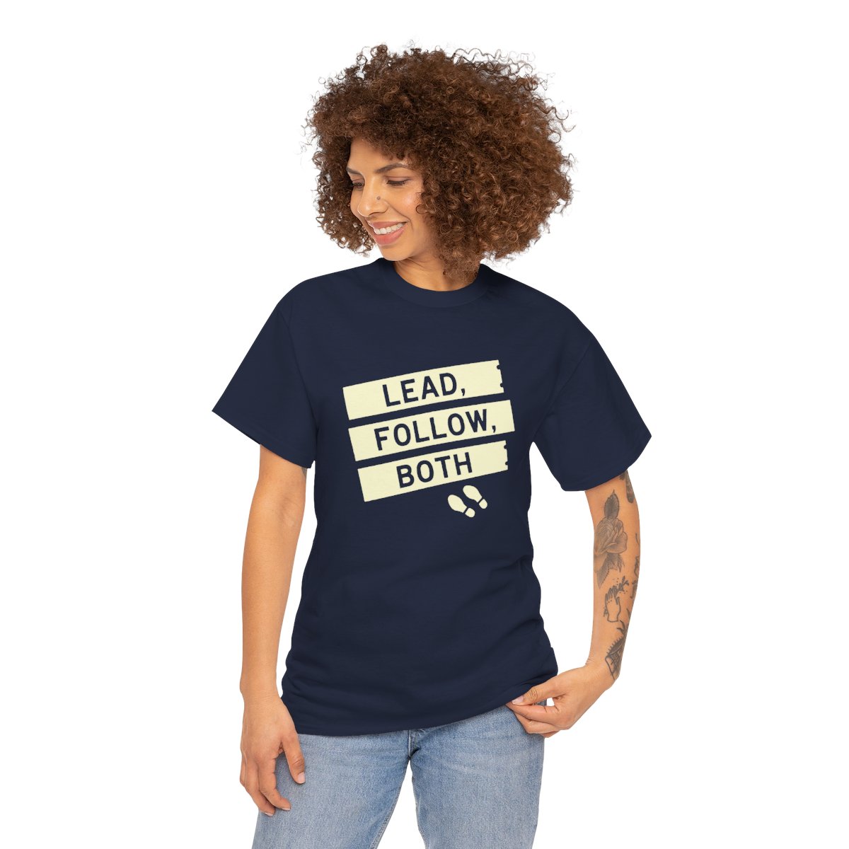 Lead Follow Both Tee — Navy tee, person view
