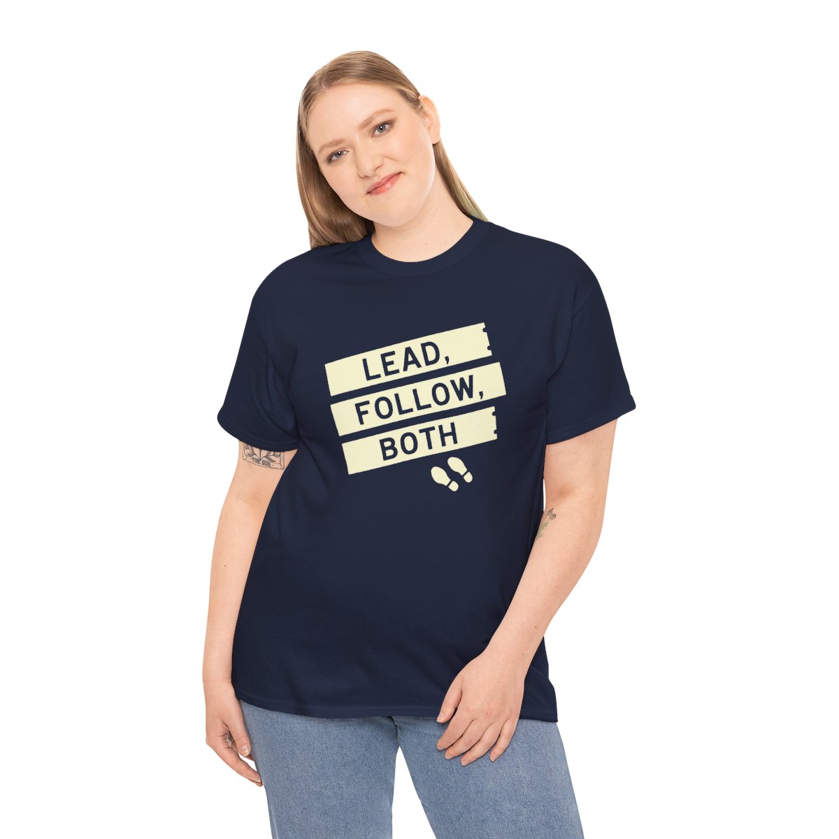 Lead Follow Both Tee — Navy tee, person view