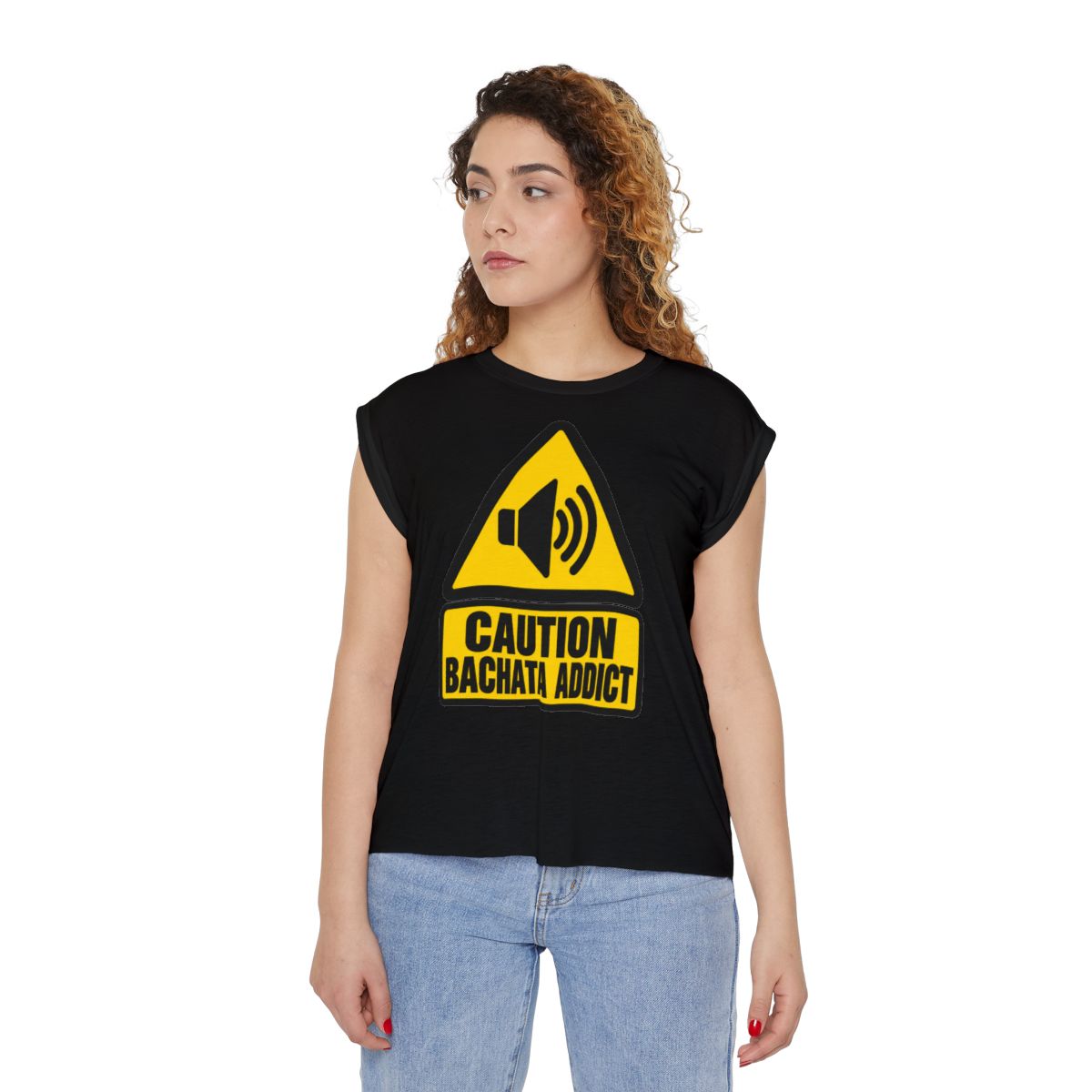 Caution Bachata Addict Muscle Tee — Black tee, person front view