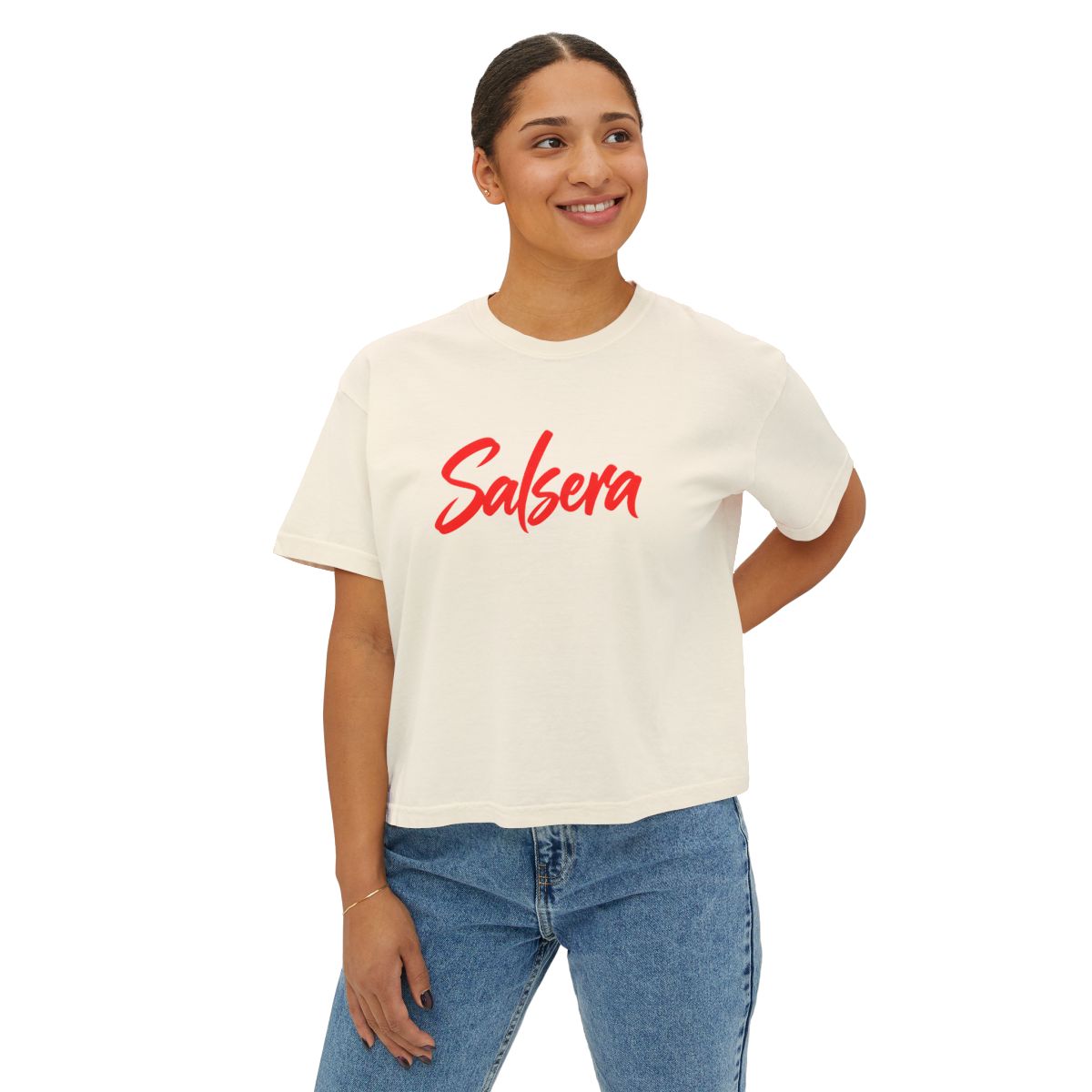 Salsera Boxy Tee - Red Brush Script — Ivory tee, person front view