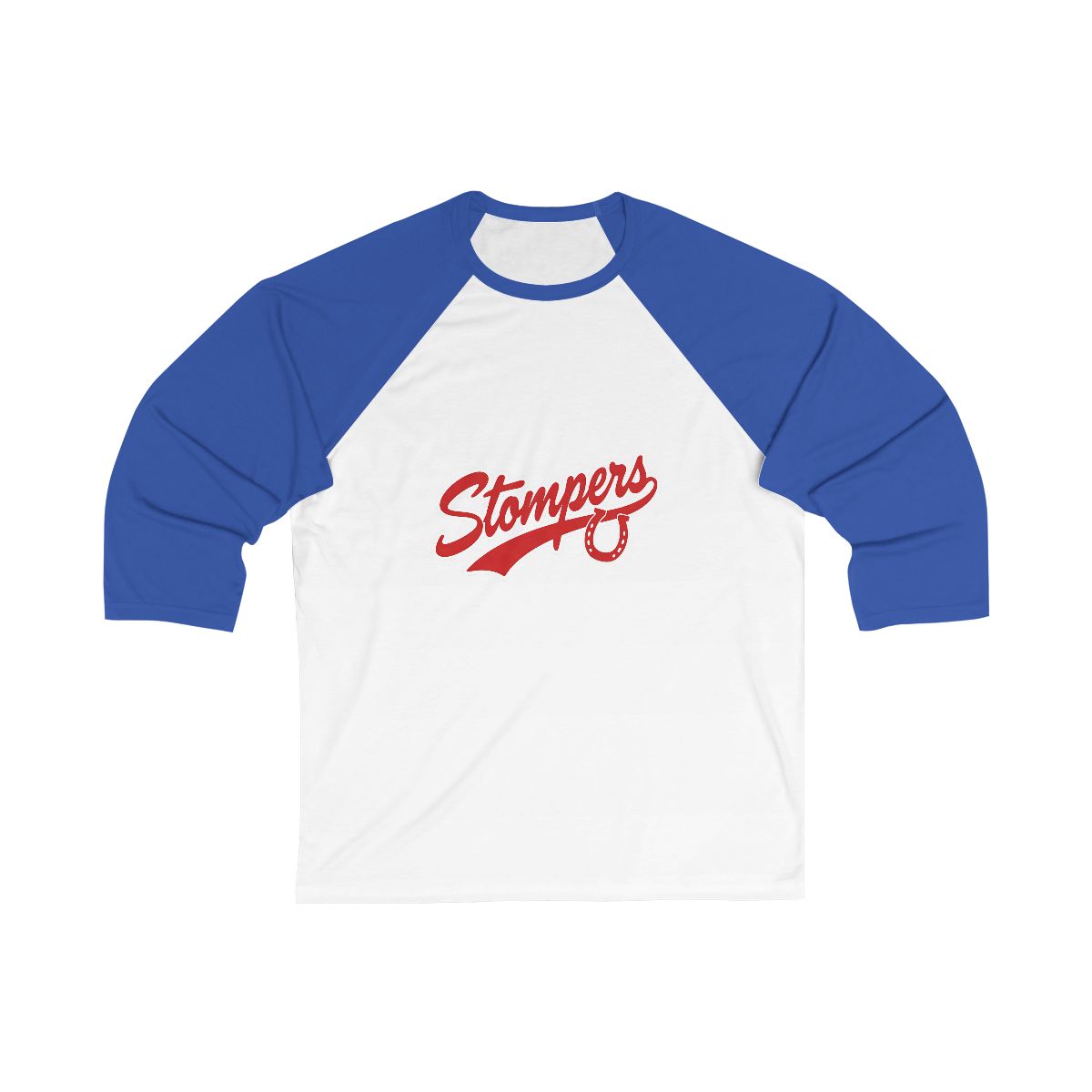 Stompers Baseball Tee — White/True Royal tee, front view