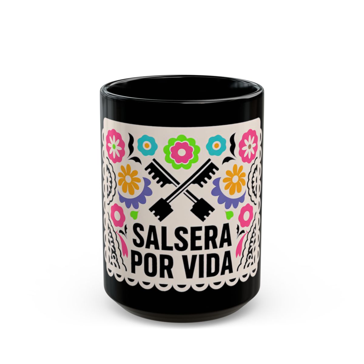 Salsera Por Vida Mug — black mug, front view