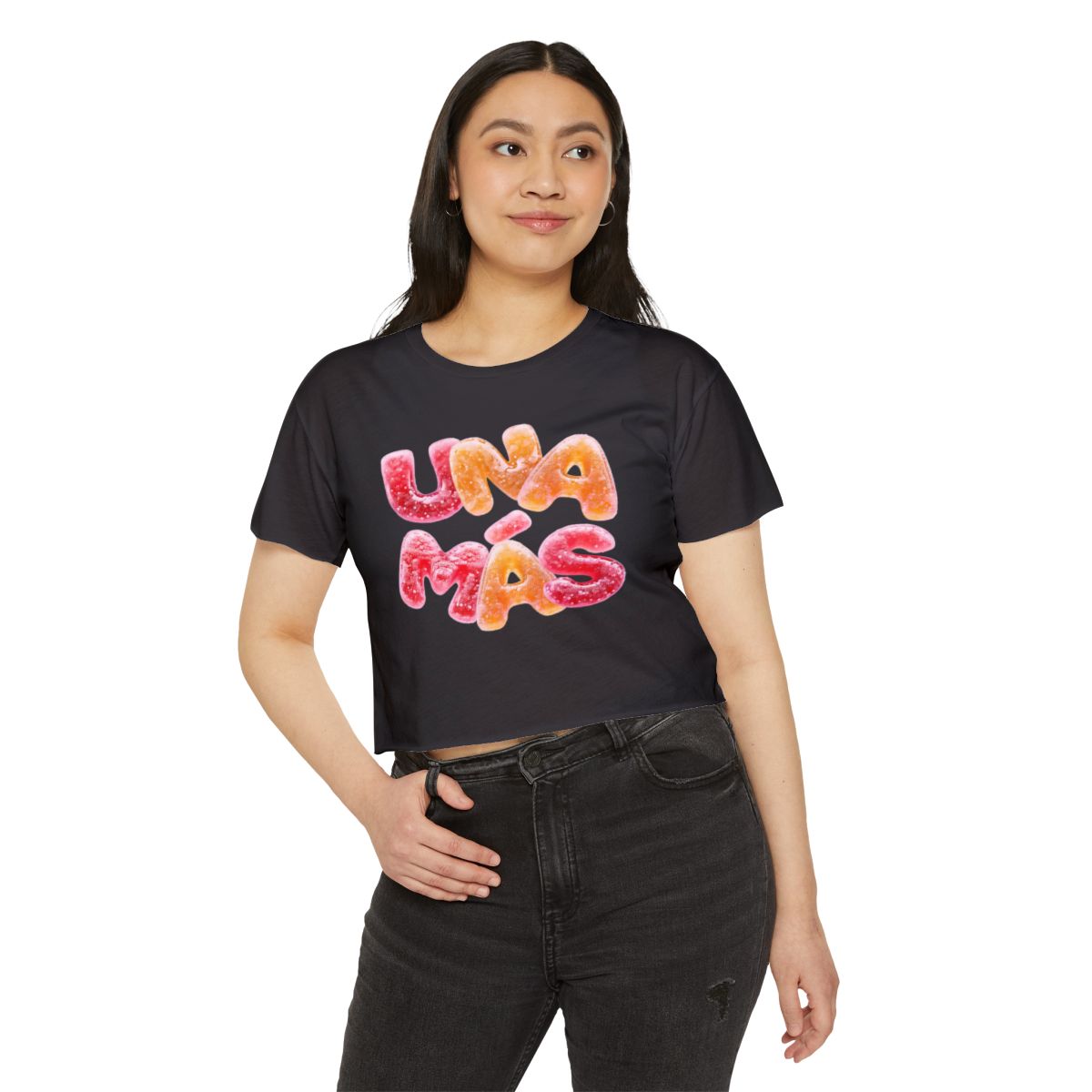 Una Más Crop Top — Black tee, person front view