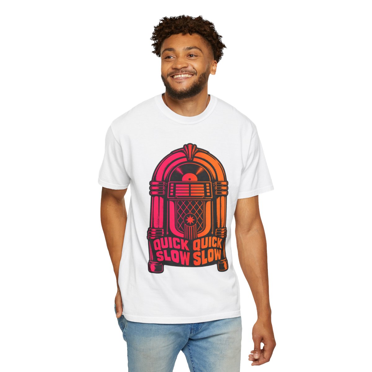 Quick Quick Slow Slow Tee — White tee, person front view