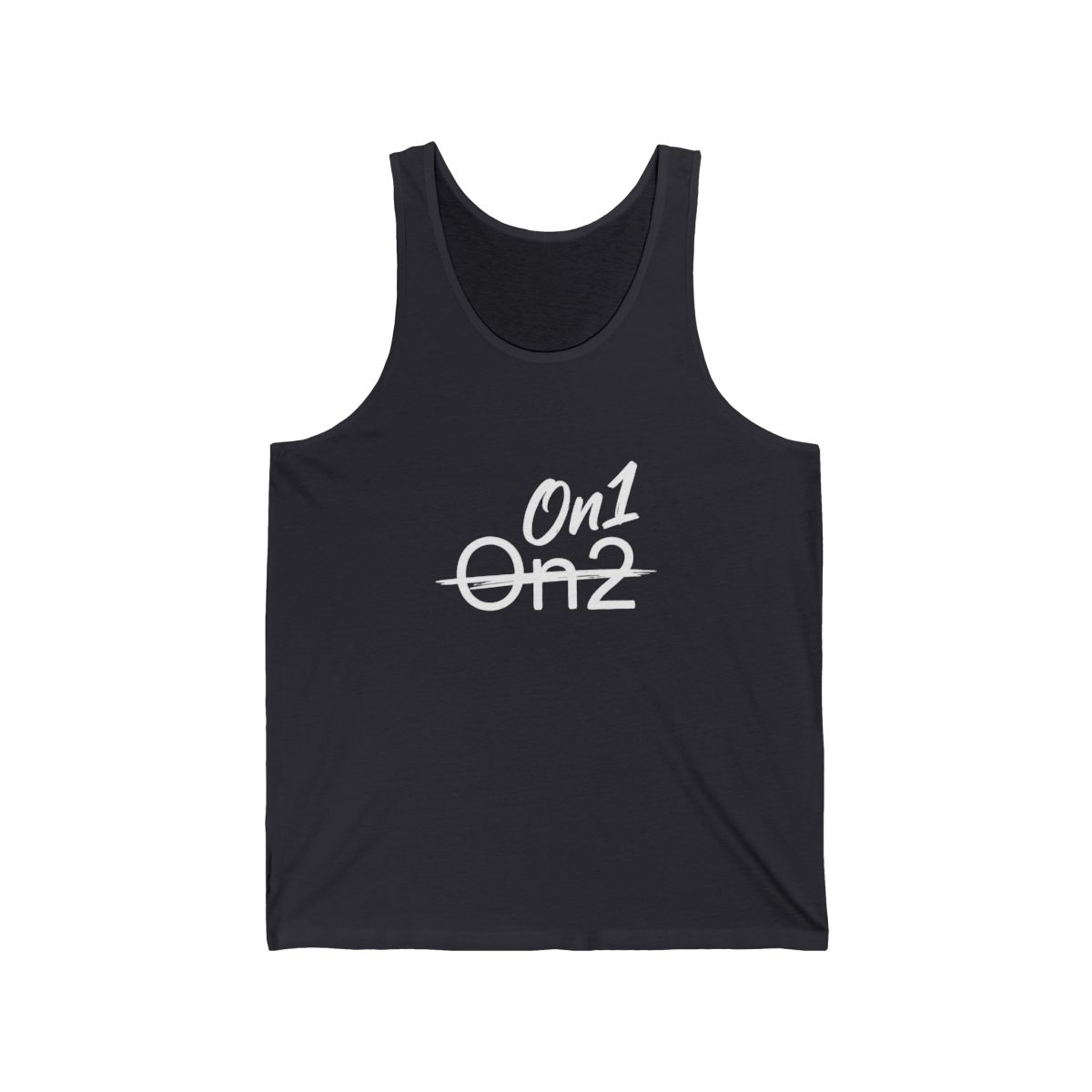 On1 Not On2 Tank — Dark Grey tee, front view
