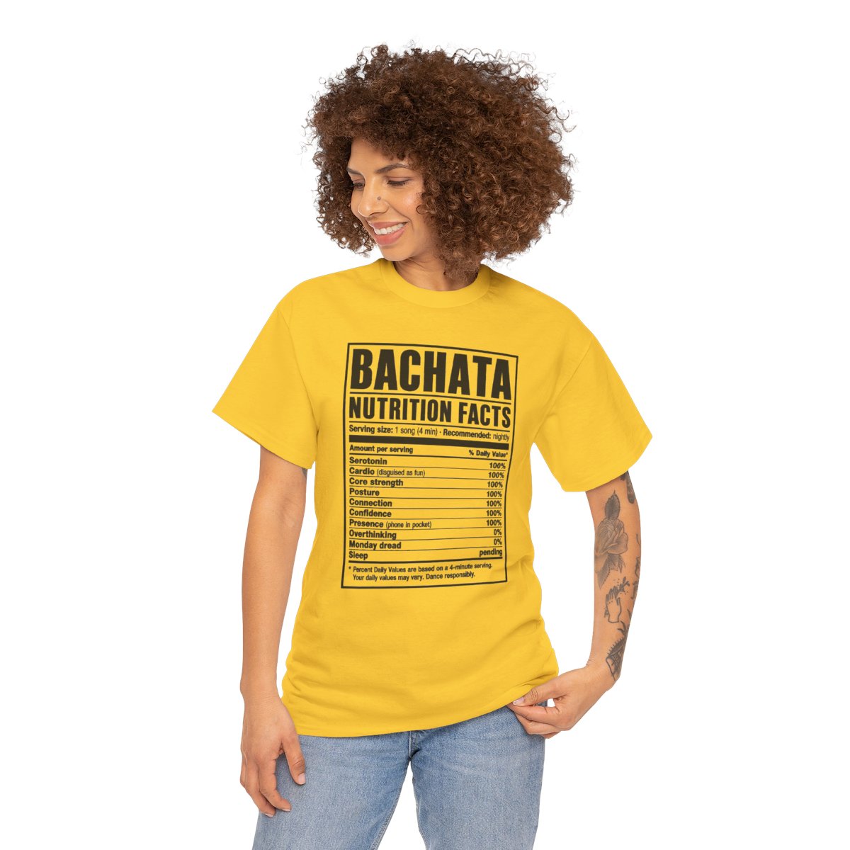 Bachata Nutrition Facts Tee — Daisy tee, person view